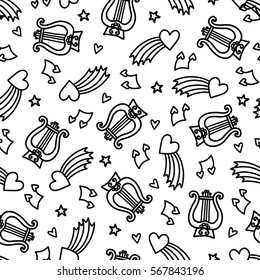 Doodles cute seamless pattern. Monochrome vector background. Illustration with hearts and harp. Design for t-shirt, textile and prints. Valentine's day theme.