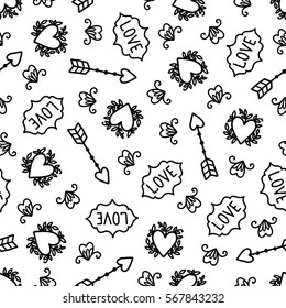 Doodles cute seamless pattern. Monochrome vector background. Illustration with hearts and arrows. Design for t-shirt, textile and prints. Valentine's day theme.