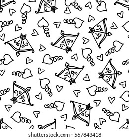 Doodles cute seamless pattern. Monochrome vector background. Illustration with hearts ans bow. Design for t-shirt, textile and prints. Valentine's day theme.
