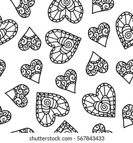 Doodles cute seamless pattern. Monochrome vector background. Illustration with hearts. Design for t-shirt, textile and prints. Valentine's day theme.