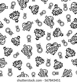 Doodles cute seamless pattern. Monochrome vector background. Illustration with hearts and flowers. Design for t-shirt, textile and prints. Valentine's day theme.