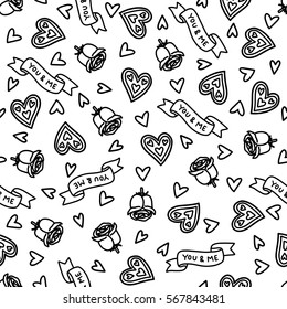 Doodles süßes, nahtloses Muster. einfarbige Vektorillustration, Hintergrund. Illustration mit Herzen und Rosen. Design für T-Shirt, Textilien und Drucke. Valentinstag Thema.