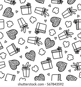 Doodles cute seamless pattern. Monochrome vector background. Illustration with hearts and gift. Design for t-shirt, textile and prints. Valentine's day theme.
