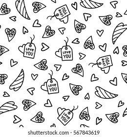 Doodles cute seamless pattern. Monochrome vector background. Illustration with hearts. Design for t-shirt, textile and prints. Valentine's day theme.