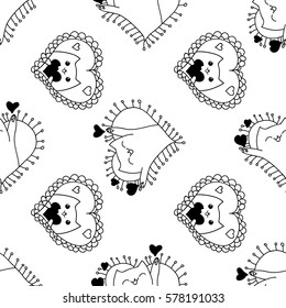 Doodles cute seamless pattern. Monochrome vector background. Illustration with hearts and cats. Design for t-shirt, textile and prints. Valentine's day theme.