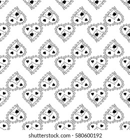 Doodles cute seamless pattern. Monochrome vector background. Illustration with hearts and cats. Design for t-shirt, textile and prints. Valentine's day theme.