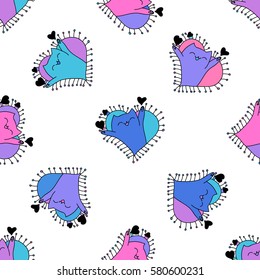 Doodles cute seamless pattern. Monochrome vector background. Illustration with hearts and cats. Design for t-shirt, textile and prints. Valentine's day theme.