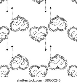 Doodles cute seamless pattern. Monochrome vector background. Illustration with hearts and cats. Design for t-shirt, textile and prints. Valentine's day theme.