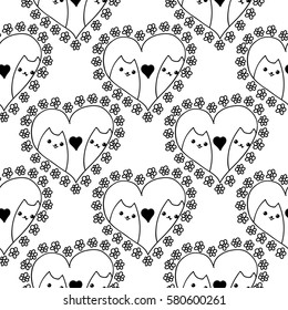 Doodles cute seamless pattern. Monochrome vector background. Illustration with hearts and cats. Design for t-shirt, textile and prints. Valentine's day theme.