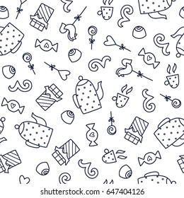 Doodles cute seamless pattern. Monochrome vector background. Illustration with tea and cup, chocolade and candy.. Design for T-shirt, textile and prints.