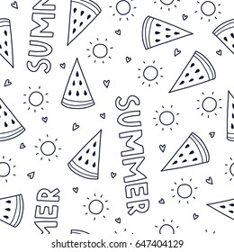 Doodles cute seamless pattern. Monochrome vector summer background. Illustration with sun and watermelon. Design for T-shirt, textile and prints.