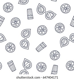 Doodles cute seamless pattern. Monochrome vector summer background. Illustration with lime, lemonade and glasses. Design for T-shirt, textile and prints.