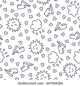 Doodles cute seamless pattern. Monochrome vector background. Illustration with sun and clouds. Design for T-shirt, textile and prints.