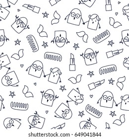 Doodles cute seamless pattern. Monochrome vector background. Illustration with birds, lipsticks and combs. Design for T-shirt, textile and prints.
