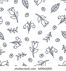 Doodles cute seamless pattern. Monochrome vector background. Illustration with flowers and leaves. Design for T-shirt, textile and prints.