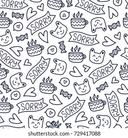 Doodles cute seamless pattern. Monochrome vector background. Illustration with teddy bear, heart, tea and sweet. Design for T-shirt, textile and prints.