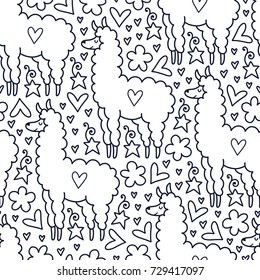 Doodles cute seamless pattern. Monochrome vector background. Illustration with lama, hearts, clouds and stars. Design for T-shirt, textile and prints.
