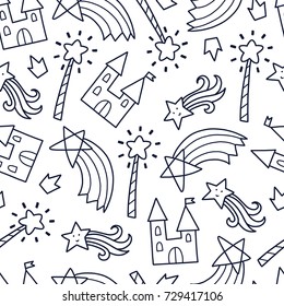 Doodles cute seamless pattern. Monochrome vector background. Illustration with castle, magic wand and rainbow. Design for T-shirt, textile and prints.