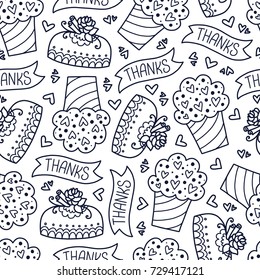 Doodles cute seamless pattern. Monochrome vector background. Illustration with cakes, hearts and ribbon. Design for T-shirt, textile and prints.