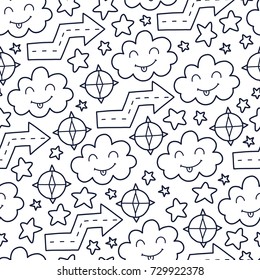 Doodles cute seamless pattern. Monochrome vector background. Illustration with star, arrow and cloud. Design for T-shirt, textile and prints.