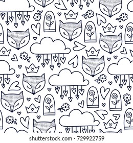 Doodles cute seamless pattern. Monochrome vector background. Illustration with fox, roses, hearts and clouds. Design for T-shirt, textile and prints.