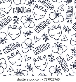 Doodles cute seamless pattern. Monochrome vector background. Illustration with fox, flower and lettering. Design for T-shirt, textile and prints.