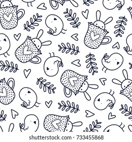 Doodles cute seamless pattern. Monochrome vector background. Illustration with bird, bunny, mug and branch. Design for T-shirt, textile and prints.