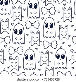 Doodles cute seamless pattern. Monochrome vector background. Illustration with monster, bow and animal. Design for T-shirt, textile and prints.
