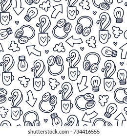 Doodles cute seamless pattern. Monochrome vector background. Illustration with sun and clouds. Design for T-shirt, textile and prints.