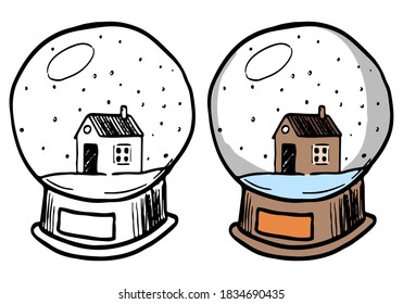 Doodles of cute snow globe. Hand drawn vector illustration. Cartoon vintage sketches. Set of black contour and color elements isolated on white. For holiday design, decor, print, card, sticker, poster
