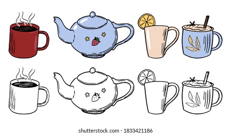 Doodles of cute teapot, mugs, cups. Coffee, tea, hot drinks. Hand drawn vector illustrations collection. Set of colored and contour elements isolated on white for design, decor, prints, stickers, card