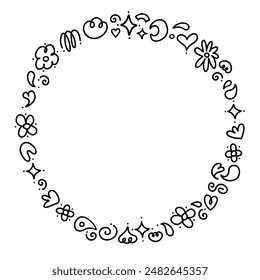 Doodles decorated round thin frame. Line black hand drawn illustration.