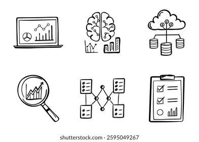 A doodles depicting data analysis, management, and cloud computing concepts, showcasing tools like graphs, brains, and databases.