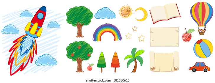 Doodles design for different objects illustration