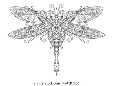 Doodles design of dragonfly for tattoo,design element, T-Shirt graphic and adult coloring book pages - Stock vector