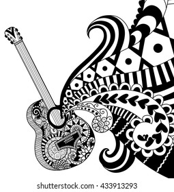 Doodles design of Guitar for coloring book for adult, poster, banner and so on - Stock Vector