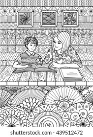 Doodles design of mother helping son with his study at home, design for adult coloring pages. Happy mother's day