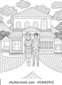 Doodles design of Mother and her son standing in front of their house making decision which way to go. Design for adult coloring book.