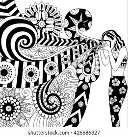 Doodles design of a photographer girl taking photo for coloring book for adult, card,poster,banner and other decorations - Stock vector