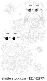 Doodles design of a photographer owl taking photo. coloring book for adult, card,poster,banner
