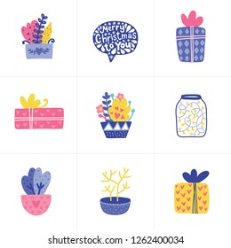 Doodles different Christmas elements. Color vector items. Illustration with new year decor. Design for prints and cards.