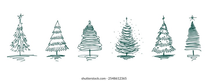 Garabatos de diferentes siluetas de árboles de Navidad, Vector dibujado a mano primera ilustración, aislado en blanco