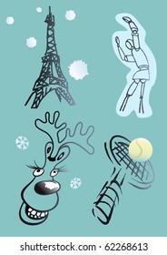 Doodles drawing - Eiffel tower, dummy, tennis rocket and comic reindeer. Vector illustration.