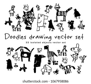 Doodles drawing set isolated objects black and white