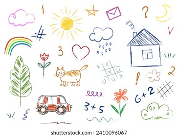 doodles are drawn by a child's hand with chalk on asphalt or on a school board. Simple drawings, tic-tac-toe. lines on white background