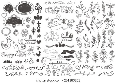 Doodles easter decor elements set.Hand sketched flowers,swirl border,budges,arrows,ribbons for hand sketched logo.Easy to make design templates,invitations,logo.Holidays,baby design.Vector