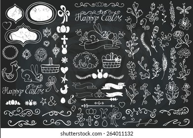 Doodles easter decor elements set.Hand sketched flowers,swirl border,budges,arrows,ribbons for hand sketched logo.Design templates,invitations,logo.Holidays,baby design.Vector Chalkboard