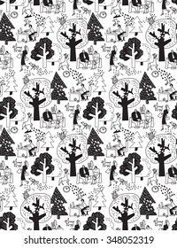 Doodles ecology  office business space with nature. Business people work in nature seamless pattern. Black and white vector illustration. EPS8