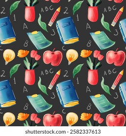 Doodles education. Hand drawn seamless pattern watercolor style, background back to school with book, ABC, pencil, light bulb, apple, flower symbols, vector illustration