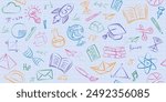Doodles education. Hand drawn vector pattern background back to school with icon symbols. Doodle of foreign language education course for home online training study. EPS10.